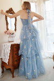En Line Halter Grey Blue Plus Size Bal Dress med broderi