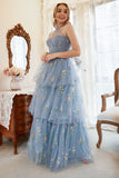 En Line Halter Grey Blue Plus Size Bal Dress med broderi