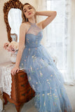 En Line Halter Grey Blue Plus Size Bal Dress med broderi