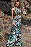 Flower Print Halter Satin Prom Klänning