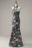 Flower Print Halter Satin Prom Klänning