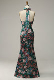 Flower Print Halter Satin Prom Klänning