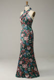 Flower Print Halter Satin Prom Klänning