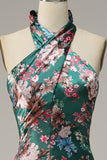 Flower Print Halter Satin Prom Klänning