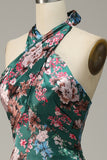 Flower Print Halter Satin Prom Klänning