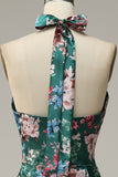 Flower Print Halter Satin Prom Klänning