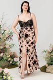 Mantel Spaghetti Remmar Svart Blommig Plus Size Bröllopsgästklänning med slits