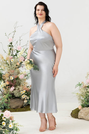 Mantel Grimma Hals Silver Plus Size Bröllopsgästklänning
