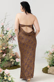 Brunt Tryck Axelbandslös Plus Size Brudtärnklänning