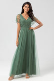 Symbol för romantik A-Line V Neck Eucalyptus Long Bridesmaid Klänning med pärlor