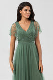 Symbol för romantik A-Line V Neck Eucalyptus Long Bridesmaid Klänning med pärlor