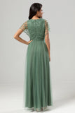 Symbol för romantik A-Line V Neck Eucalyptus Long Bridesmaid Klänning med pärlor