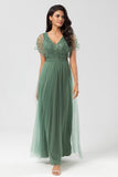 Symbol för romantik A-Line V Neck Eucalyptus Long Bridesmaid Klänning med pärlor