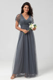 Symbol för romantik A-Line V Neck Eucalyptus Long Bridesmaid Klänning med pärlor