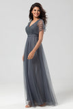 Symbol för romantik A-Line V Neck Eucalyptus Long Bridesmaid Klänning med pärlor