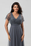 Symbol för romantik A-Line V Neck Eucalyptus Long Bridesmaid Klänning med pärlor