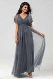Symbol för romantik A-Line V Neck Eucalyptus Long Bridesmaid Klänning med pärlor