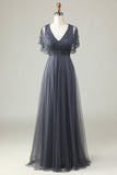 Symbol för romantik A-Line V Neck Eucalyptus Long Bridesmaid Klänning med pärlor