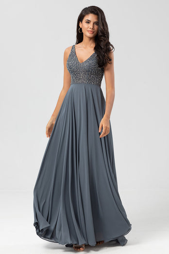 Självsäkert karismatisk A Line V Neck Eucalyptus Long Bridesmaid Dress with Beading