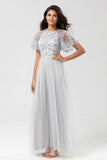 Classic Elegance A-Line Jewel Neck Grå Lång brudtärneklänning med korta ärmar