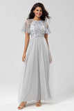 Classic Elegance A-Line Jewel Neck Grå Lång brudtärneklänning med korta ärmar