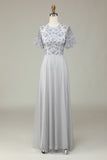 Classic Elegance A-Line Jewel Neck Grå Lång brudtärneklänning med korta ärmar