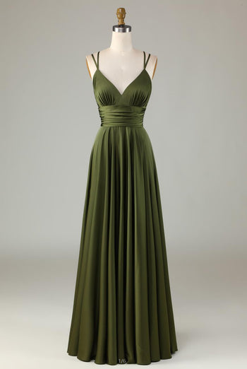 Grand Beauty A Line Spaghetti Straps Olive Long Bridesmaid Klänning med volanger