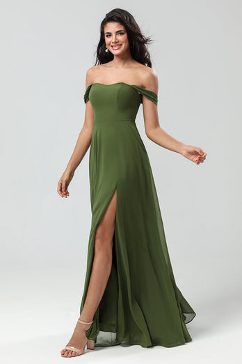 Off The Shoulder En linje Olive Bridesmaid Klänning med slits