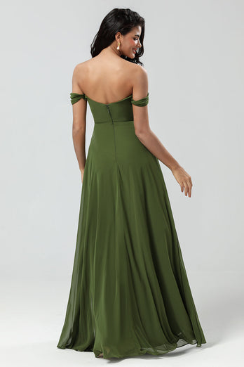 Off The Shoulder En linje Olive Bridesmaid Klänning med slits