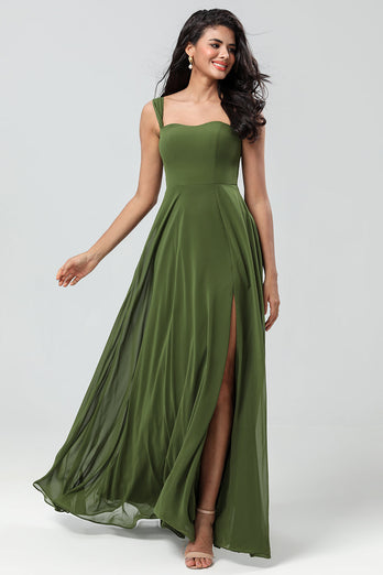 Off The Shoulder En linje Olive Bridesmaid Klänning med slits