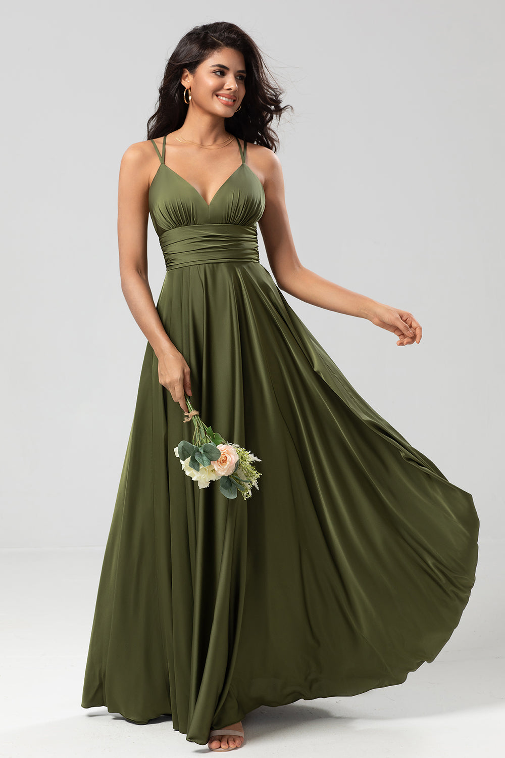 Grand Beauty A Line Spaghetti Straps Olive Long Bridesmaid Klänning med volanger