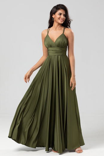 Grand Beauty A Line Spaghetti Straps Olive Long Bridesmaid Klänning med volanger