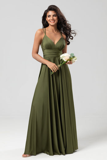 Grand Beauty A Line Spaghetti Straps Olive Long Bridesmaid Klänning med volanger