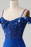 Pärlstav Royal Blue Corset Balklänning med slits