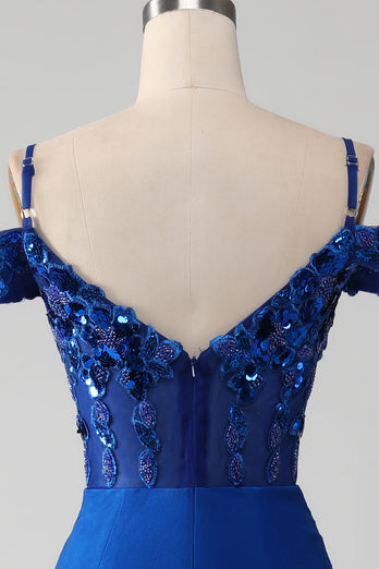 Pärlstav Royal Blue Corset Balklänning med slits