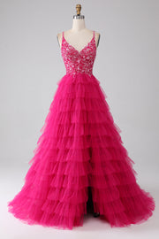 Fuchsia Princess A-linje Spaghetti Remmar Paljett Tiered Lång Balklänning med slits