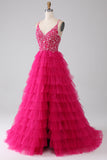 Fuchsia Princess A-linje Spaghetti Remmar Paljett Tiered Lång Balklänning med slits