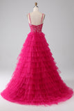 Fuchsia Princess A-linje Spaghetti Remmar Paljett Tiered Lång Balklänning med slits
