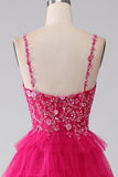Fuchsia Princess A-linje Spaghetti Remmar Paljett Tiered Lång Balklänning med slits