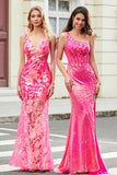 Fantastisk sjöjungfru One Shoulder Fuchsia Paljetter Lång balklänning med slits
