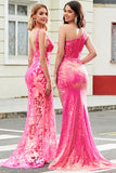 Fantastisk sjöjungfru One Shoulder Fuchsia Paljetter Lång balklänning med slits