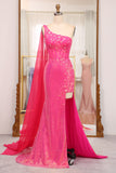 Fantastisk sjöjungfru One Shoulder Fuchsia Paljetter Lång balklänning med slits