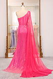 Fantastisk sjöjungfru One Shoulder Fuchsia Paljetter Lång balklänning med slits