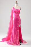 Glittrande Fuchsia Mermaid One Shoulder Appliques Balklänning med slits