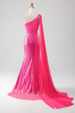 Glittrande Fuchsia Mermaid One Shoulder Appliques Balklänning med slits