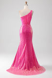 Glittrande Fuchsia Mermaid One Shoulder Appliques Balklänning med slits