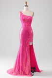 Glittrande Fuchsia Mermaid One Shoulder Appliques Balklänning med slits