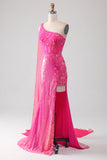 Glittrande Fuchsia Mermaid One Shoulder Appliques Balklänning med slits