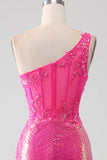 Glittrande Fuchsia Mermaid One Shoulder Appliques Balklänning med slits