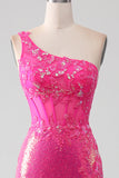 Glittrande Fuchsia Mermaid One Shoulder Appliques Balklänning med slits